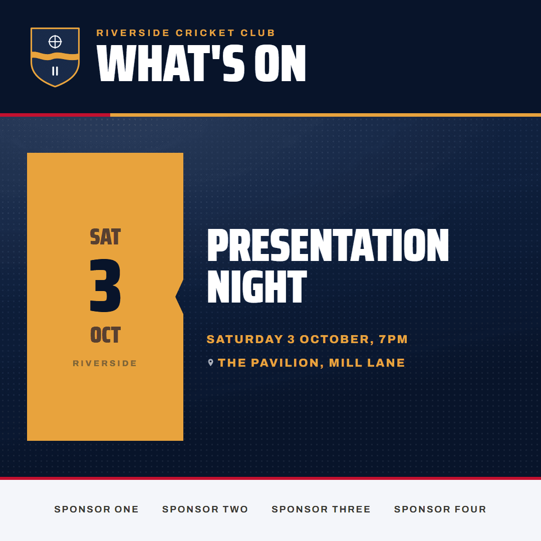 Riverside CC: Navy and amber. Presentation night.