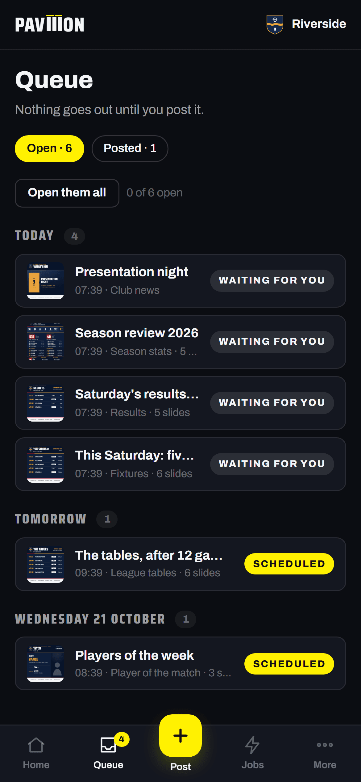 The Queue on a phone: four posts waiting for you, two scheduled