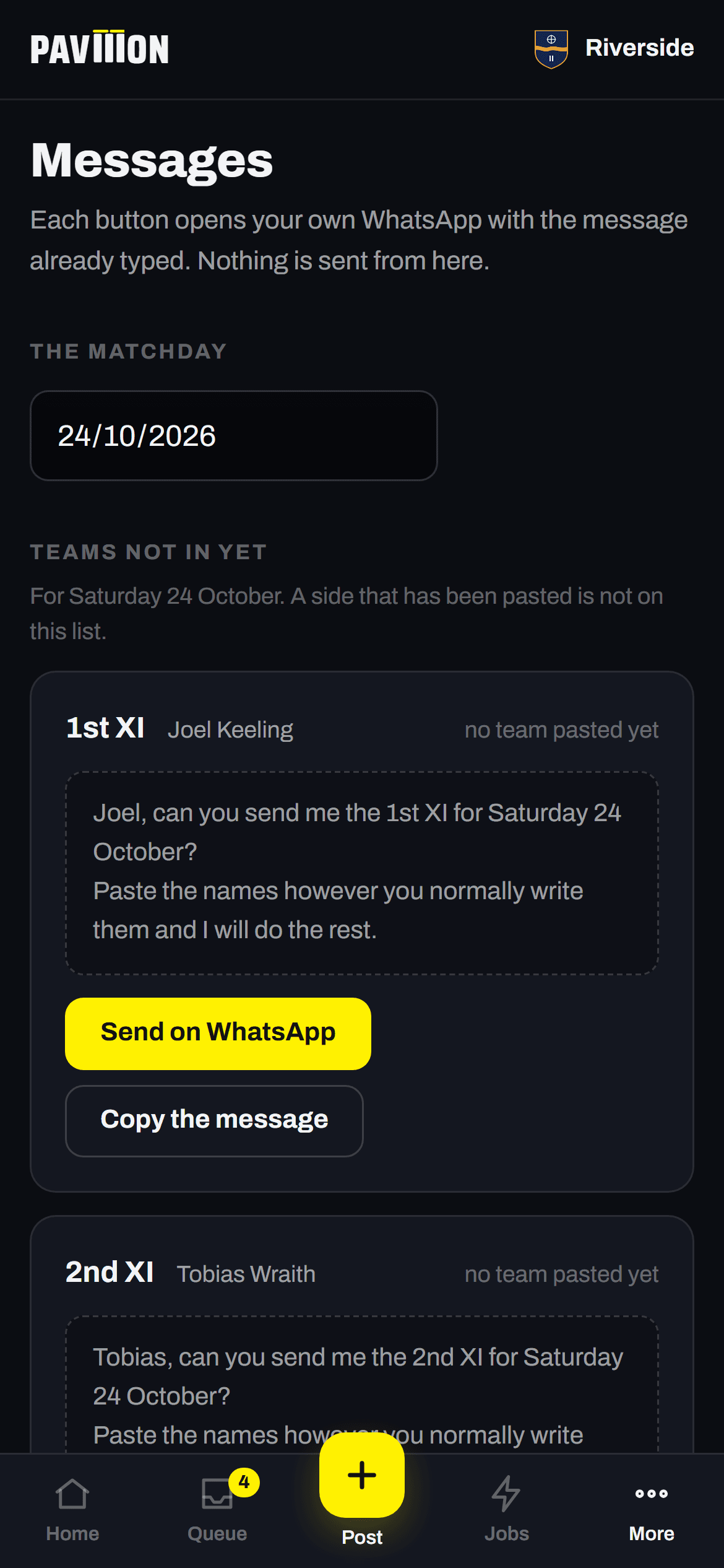 Messages: a WhatsApp to each captain, already written