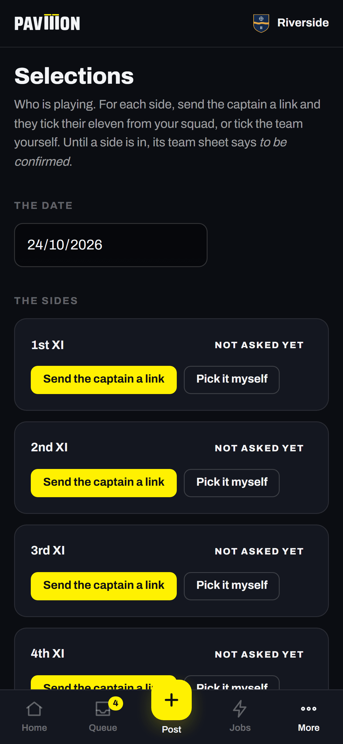 Selections on a phone: each side, and a link to send its captain